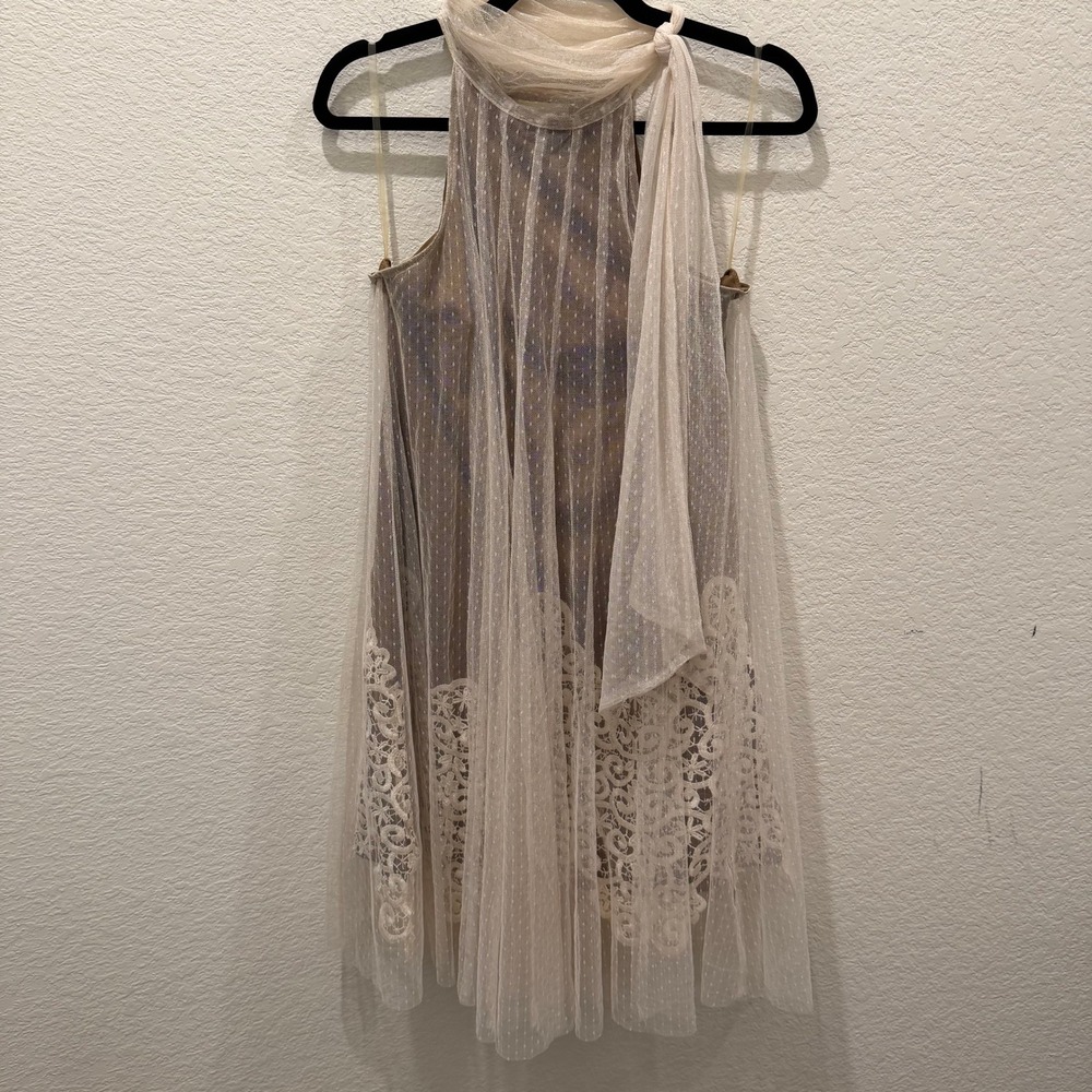 Altar'd State Tan Cream Lace Point D'esprit Halter Scarf Tie Mini Dress Small